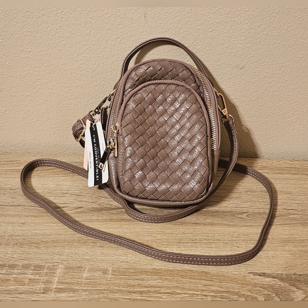 Mellow World "Jessa" Taupe Basket Weave Convertible Crossbody Belt Bag NWT